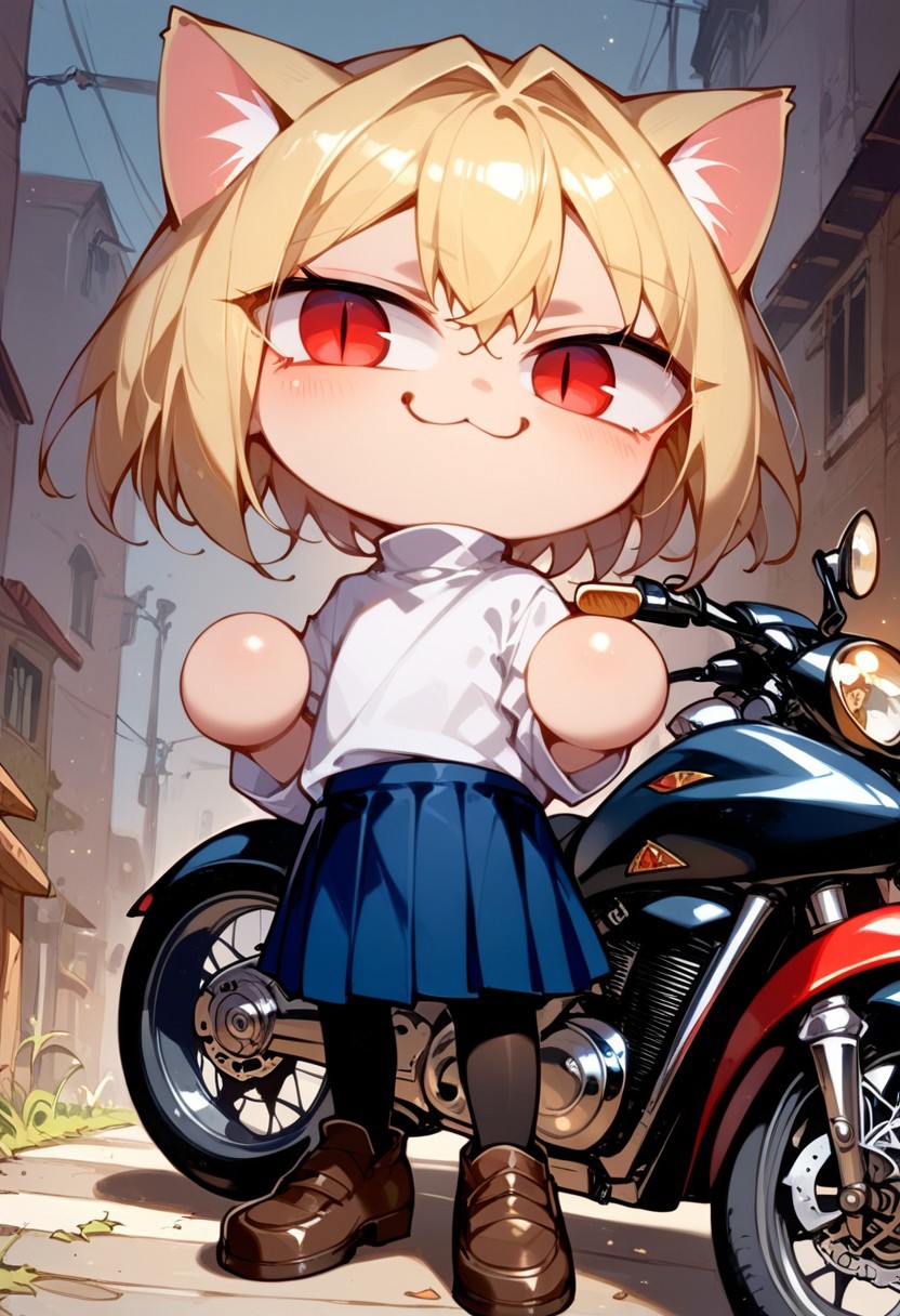 ng_deepnegative_v1_64t, score_9, score_8_up, score_7_up, Expressiveh, very detailed, white outline, arms crossed, smug, high quality, necoarc, blonde hair, red eyes, slit pupils, cat ears, :3, chibi, motorcycle, leaning against motorcycle, cool, turtleneck, white shirt, blue skirt, pleated skirt, pantyhose, brown footwear, circle hands