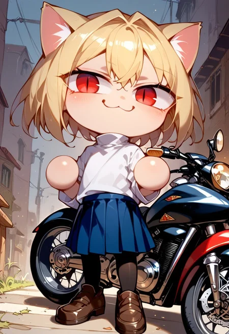 ng_deepnegative_v1_64t, score_9, score_8_up, score_7_up, Expressiveh, very detailed, white outline, arms crossed, smug, high quality, necoarc, blonde hair, red eyes, slit pupils, cat ears, :3, chibi, motorcycle, leaning against motorcycle, cool, turtleneck, white shirt, blue skirt, pleated skirt, pantyhose, brown footwear, circle hands