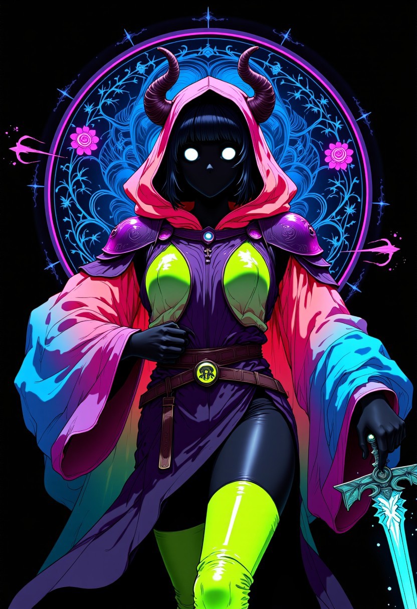 A dark fairytale spectral street dancer, reimagined as a horned goddess of war in flowing Art Nouveau elegance — she wears thigh-highs and an oversized, wide-sleeved neon hoodie that swirls like stained glass fabric in motion. One shoulder is crowned with a graceful yet armored pauldron shaped like curling ivy and ancient runes. Her deep black skin glows faintly in iridescent patterns, her busty form emphasized by the intricate curve of the neckline. Billowing aura tendrils twist like floral motifs around her, casting enchanted shapes in the air. Hood drawn low, her eyes remain hidden in shadow, yet shimmer with spectral presence. Volumetric lighting bathes her in a mystical, dreamlike glow, as if she were painted onto the night itself. Hyper-detailed, manga-inspired with elegant Art Nouveau framing, every line purposeful, every detail part of a darkly graceful whole. slomesty