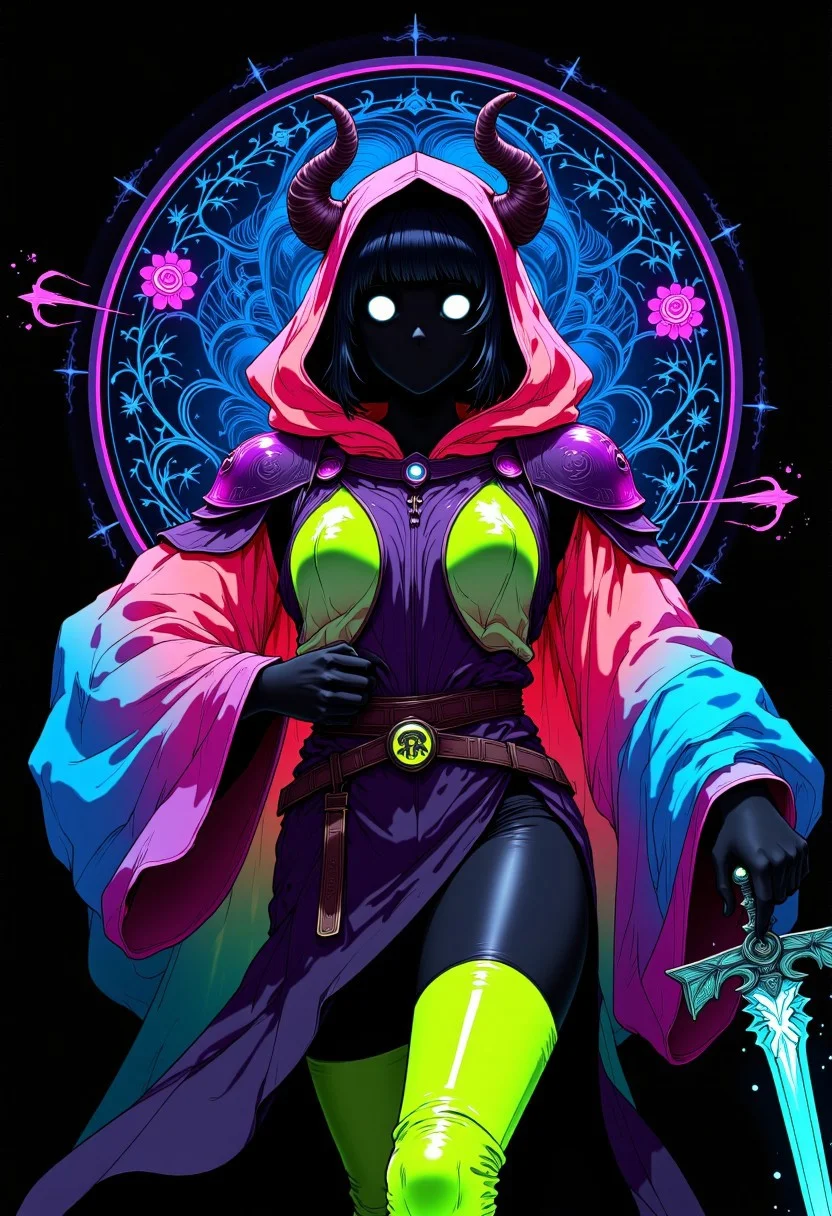 A dark fairytale spectral street dancer, reimagined as a horned goddess of war in flowing Art Nouveau elegance — she wears thigh-highs and an oversized, wide-sleeved neon hoodie that swirls like stained glass fabric in motion. One shoulder is crowned with a graceful yet armored pauldron shaped like curling ivy and ancient runes. Her deep black skin glows faintly in iridescent patterns, her busty form emphasized by the intricate curve of the neckline. Billowing aura tendrils twist like floral motifs around her, casting enchanted shapes in the air. Hood drawn low, her eyes remain hidden in shadow, yet shimmer with spectral presence. Volumetric lighting bathes her in a mystical, dreamlike glow, as if she were painted onto the night itself. Hyper-detailed, manga-inspired with elegant Art Nouveau framing, every line purposeful, every detail part of a darkly graceful whole. slomesty