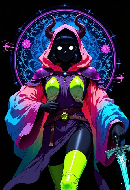 A dark fairytale spectral street dancer, reimagined as a horned goddess of war in flowing Art Nouveau elegance — she wears thigh-highs and an oversized, wide-sleeved neon hoodie that swirls like stained glass fabric in motion. One shoulder is crowned with a graceful yet armored pauldron shaped like curling ivy and ancient runes. Her deep black skin glows faintly in iridescent patterns, her busty form emphasized by the intricate curve of the neckline. Billowing aura tendrils twist like floral motifs around her, casting enchanted shapes in the air. Hood drawn low, her eyes remain hidden in shadow, yet shimmer with spectral presence. Volumetric lighting bathes her in a mystical, dreamlike glow, as if she were painted onto the night itself. Hyper-detailed, manga-inspired with elegant Art Nouveau framing, every line purposeful, every detail part of a darkly graceful whole. slomesty