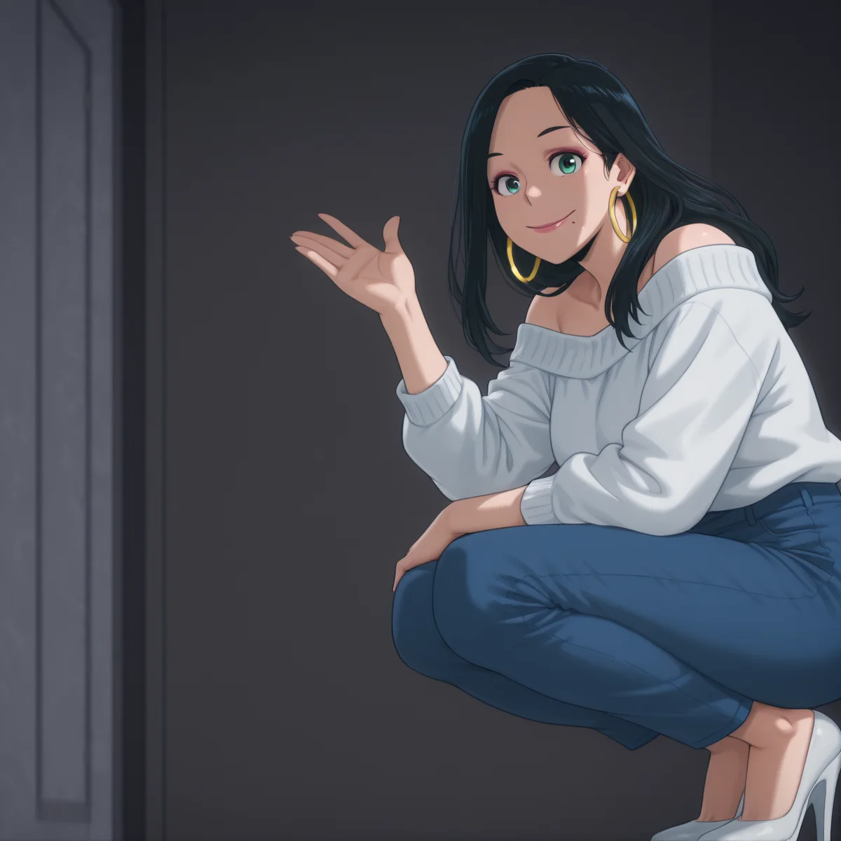Makoto Tsukauchi, black hair, green eyes, white sweater, blue jeans, white high heels, dark pink lipstick, red eyeshadow, hoop earrings, mole, mole below left side of mouth, hand up, smile, mouth open, <lora:Makoto_Tsukauchi_Vigilante:1> <lora:My_Hero_Academia_Illustrious_X1_1024_SD8:1>, score_9, score_8_up, score_7_up, alt, Expressiveh, masterpiece, dark background, high quality, hd, (ultra high res, ultra detailed, high resolution, highly detailed, 4k, 8k), score_6_up, rating_explicit, nsfw, detailed image, 5k resolution:1.0, raw, realistic, perfect lighting, perfect shadows, lazypos, pureerosface_v1,