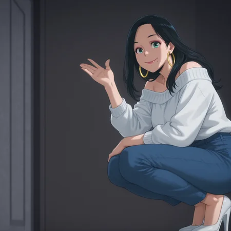 Makoto Tsukauchi, black hair, green eyes, white sweater, blue jeans, white high heels, dark pink lipstick, red eyeshadow, hoop earrings, mole, mole below left side of mouth, hand up, smile, mouth open, <lora:Makoto_Tsukauchi_Vigilante:1> <lora:My_Hero_Academia_Illustrious_X1_1024_SD8:1>, score_9, score_8_up, score_7_up, alt, Expressiveh, masterpiece, dark background, high quality, hd, (ultra high res, ultra detailed, high resolution, highly detailed, 4k, 8k), score_6_up, rating_explicit, nsfw, detailed image, 5k resolution:1.0, raw, realistic, perfect lighting, perfect shadows, lazypos, pureerosface_v1,