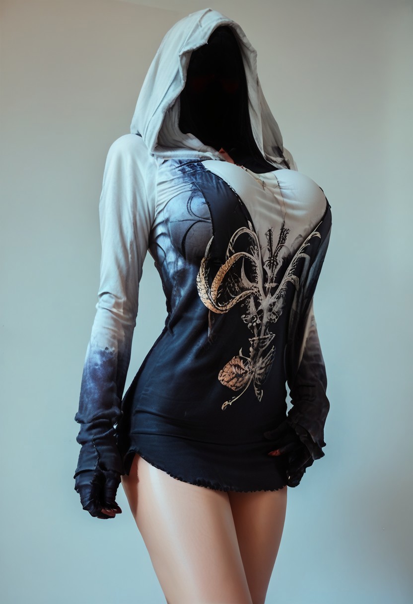 score_9, score_8_up, score_7_up, rating_safe, concept art, semi-realistic, 1girl, solo.
Sexy body, (Big breast), (Round breast).
Dark hood, faceless,