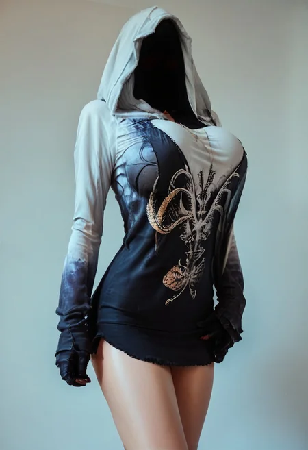 score_9, score_8_up, score_7_up, rating_safe, concept art, semi-realistic, 1girl, solo.
Sexy body, (Big breast), (Round breast).
Dark hood, faceless,