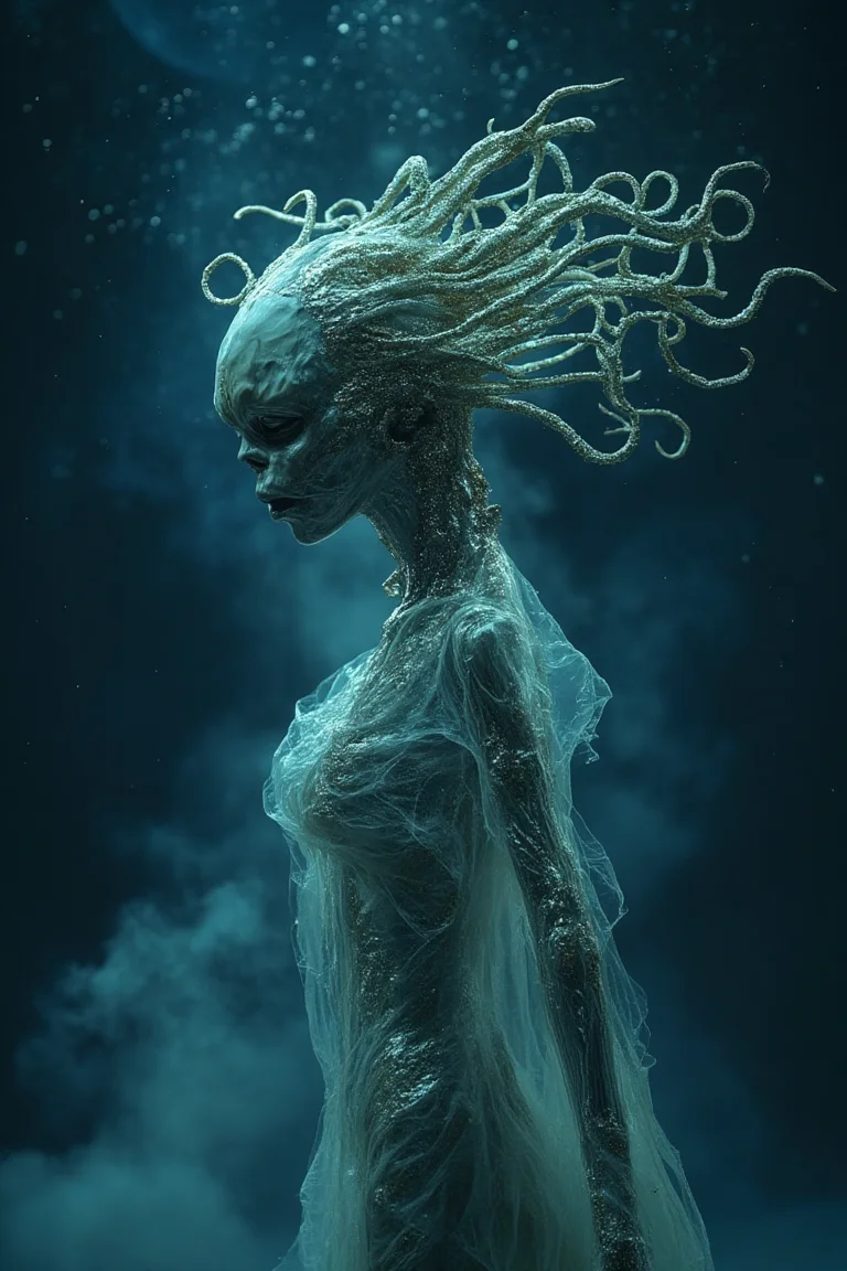 A figure that appears to be a fusion of organic and mechanical elements. The figure's head is adorned with intricate, metallic extensions that resemble tentacles or tendrils. These extensions extend outward, creating a dynamic, almost ethereal effect. The figure's body seems to be made of a translucent, gelatinous substance, and it's positioned against a backdrop of a deep blue, starry space. The overall ambiance of the image is mysterious and otherworldly.,Zombie,Fantasy Regal Artgem