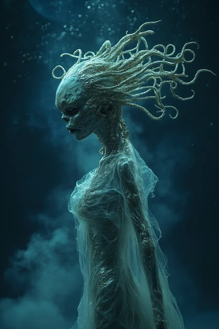 A figure that appears to be a fusion of organic and mechanical elements. The figure's head is adorned with intricate, metallic extensions that resemble tentacles or tendrils. These extensions extend outward, creating a dynamic, almost ethereal effect. The figure's body seems to be made of a translucent, gelatinous substance, and it's positioned against a backdrop of a deep blue, starry space. The overall ambiance of the image is mysterious and otherworldly.,Zombie,Fantasy Regal Artgem