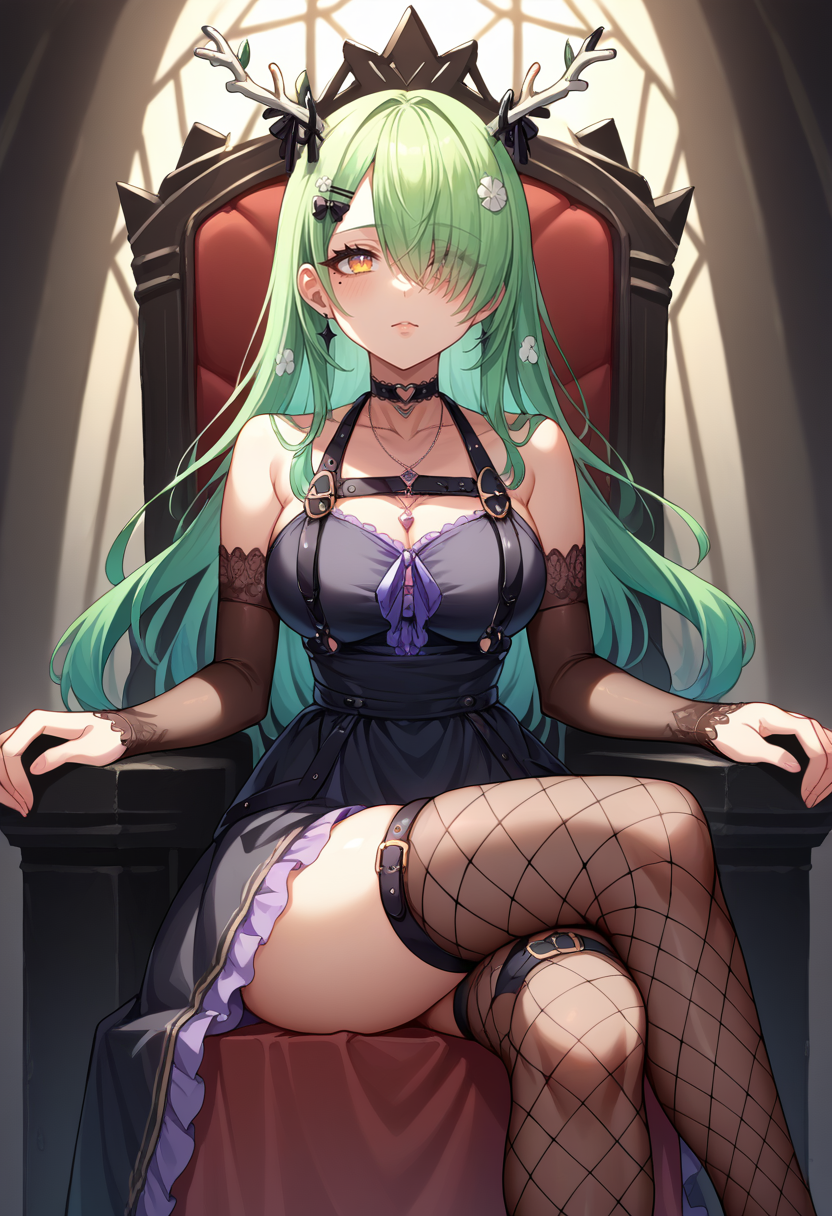 score_9, score_8_up, source_anime, 1girl, solo, FaunaGoth, mole under eye, antlers, long hair, hair over one eye, hairclip, heart choker, necklace, black dress, cleavage, chest strap, elbow gloves, fingerless gloves, o-ring thigh strap, heart o-ring, fishnet thighhighs, indoors, dark, black throne, crossed legs, sitting, on throne, <lora:ChamCeresFaunaPonyXL:1>