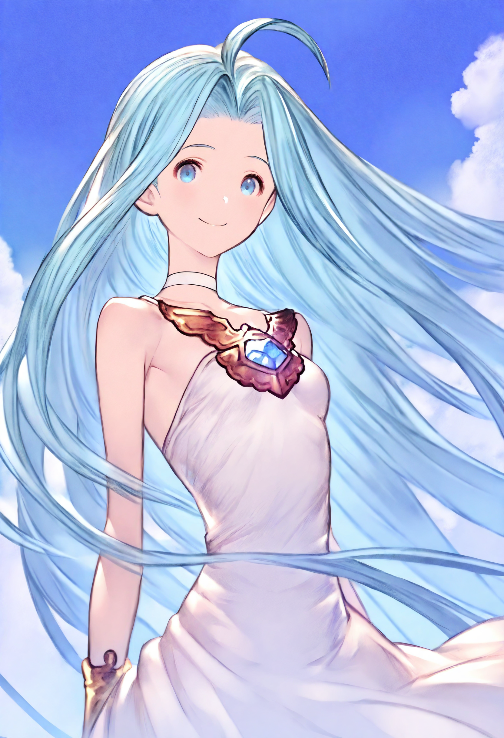masterpiece, best quality, very aesthetic, absurdres, highly detailed, kyoto animation,
1girl, solo, upper body, smile, looking at viewer, floating hair, 
lyria \(granblue fantasy\), very long hair, blue hair, ahoge, white choker, bare shoulders, skinny, small breasts, white dress,
blue sky, cloud, 
<lora:Lyria_Granblue_Fantasy_Illustrious-XL:1>
