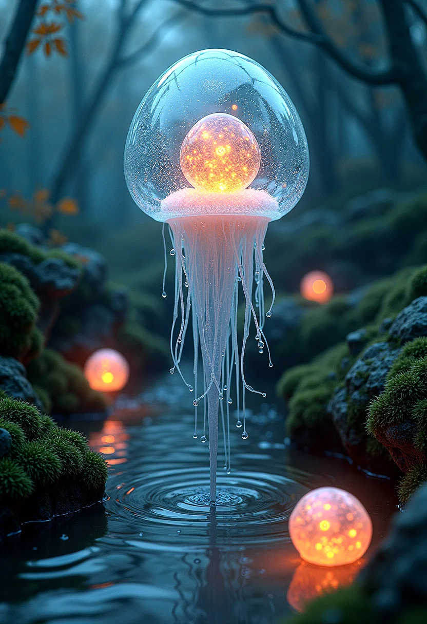 photorealistic image of a dreamy and otherworldly transparent slime with a gelatinous body, transparent tentacles, shining physical, and small nucleaus size of a pearl visible inside its body indicating that the nucleaus is the heart of the slime, floating above a small pond, surrounded by glowing orbs, rocks and moss, fungus, twilight with the last light of day fading, ultra-high-definition textures, cinematic composition, soft and surreal lighting, intricate details in the glowing orbs, smooth transitions between warm and cool tones, mystical and ethereal atmosphere, realistic reflections in the water, detailed foliage with soft shadows, glowing highlights on the creature's body, serene twilight scene, photorealistic rendering