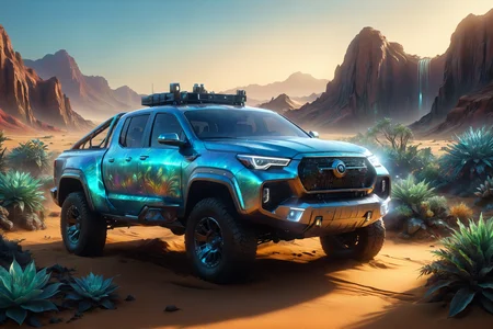 morph-aurora, a futuristic pickup with cargo bed, reinforced frame, solo, futuristic mirrors, holographic display, futuristic jungle, glowing plants, misty air, detailed background, parked in a desert, sand around, holographic markers nearby, action focus, medium shot, a futuristic panel, glowing softly, on the car, best quality, rich colors, realistic style, high detail, high-definition, hyper-realistic, extremely high-resolution details, fine texture, incredibly lifelike, realistic, not fantasy, not anime, not drawing, highres, 4K resolution, source photo, realistic photo, masterpiece, best quality, amazing quality, very aesthetic, ultra-detailed, detailed surfaces, natural metallic tones, soft light, chrome blue, reflective finish, soft light, dynamic angle, wide shot, <lora:add-detail-xl:1> <lora:aurora_0_100_V1-000009:0.65>