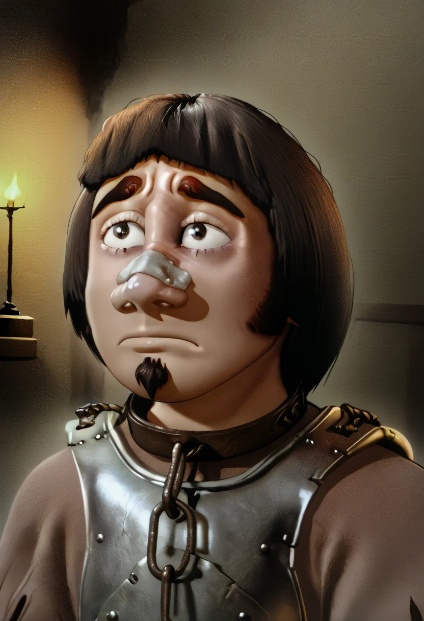 1boy, solo, HuiBuh, bob cut, blunt bangs, dark brown hair, thick eyebrows, goatee, metal collar, armor, chain, breastplate, Blad3Runner, bandaid on face, closed mouth, portrait, indoors, dungeon <lora:Blade_Runner_Meme> <lora:hui_buh:1.2>