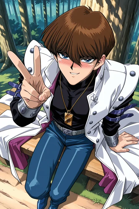 masterpiece,best quality,amazing quality, SetoKaibaYGOILXL, retro artstyle, 1boy, blue eyes, brown hair, short hair, hair between eyes, pectorals, turtleneck, white coat, open coat, black shirt, long sleeves, arm belt, necklace, guantlets, grey belt, blue pants, blue shoes, solo, sitting, above view, peace sign, seductive smile, looking at viewer, naughty face, nose blush, forest, tree <lora:SetoKaibaYGOILXL:1>