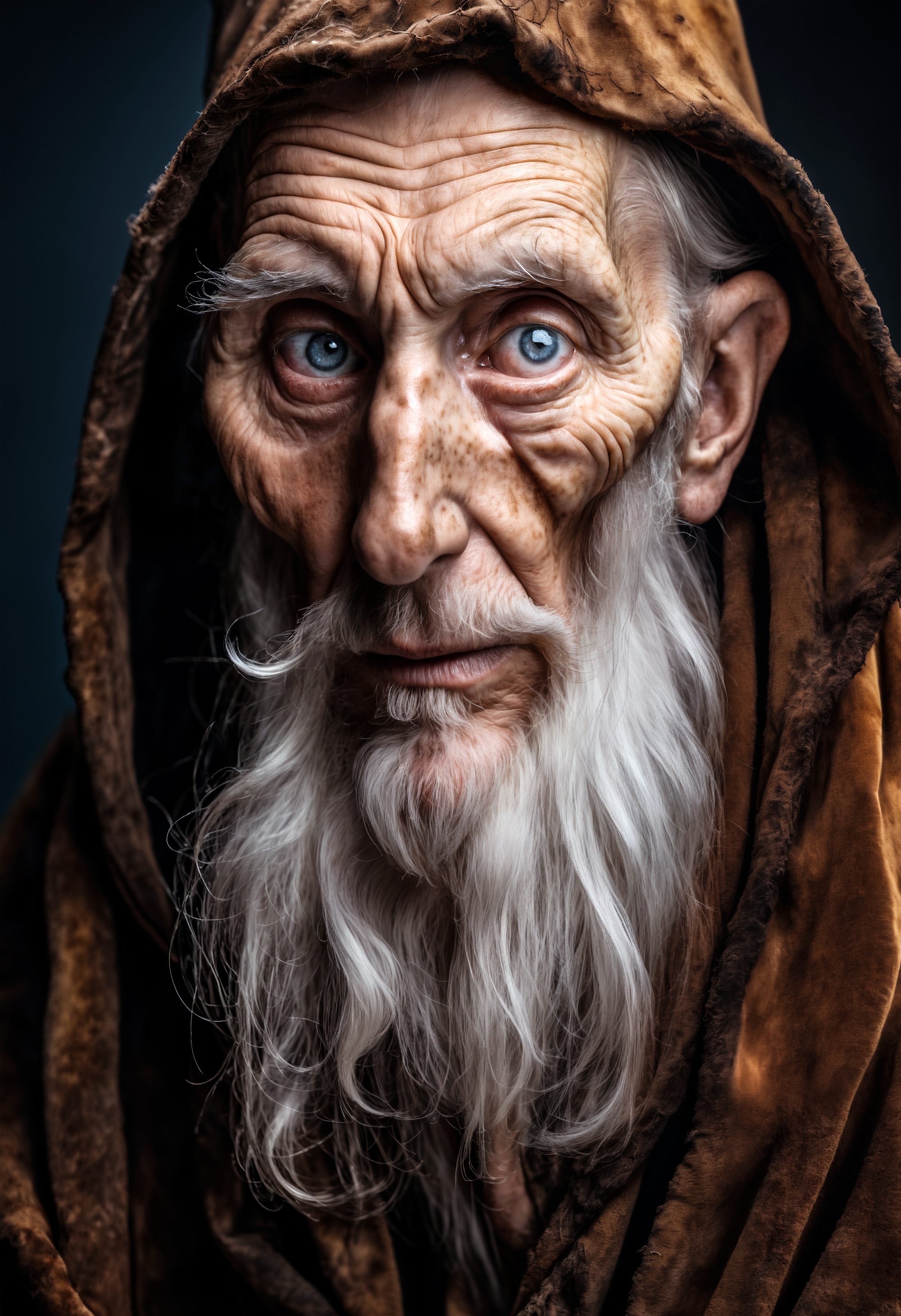 hyperrealistic glamour portrait of an old weary wizard, freckles, skin pores, pores, velus hair, macro, extreme details, looking at viewer,