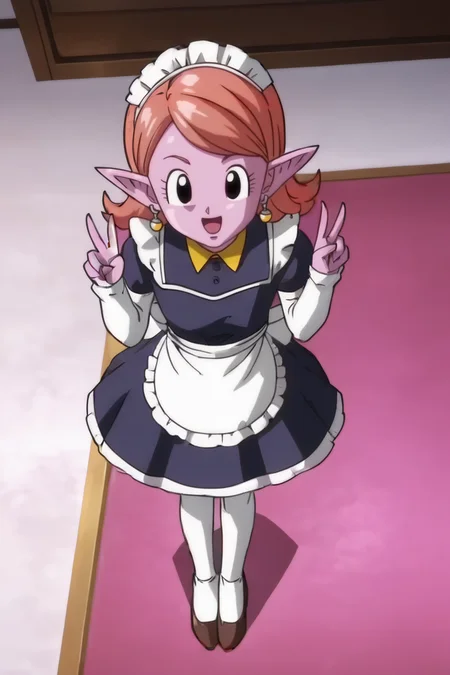 source_anime, score_9, score_8_up, score_7_up, anime screencap,8k, absurdres,
chronoa, 1girl, solo, bare shoulders, potara earrings, orange hair, pointy ears, black eyes, colored skin, purple skin, official style,
maid headdress, maid, thighhighs, double v, happy, indoors, mansion, from above,
<lora:chronoa_pony_v1:0.8>