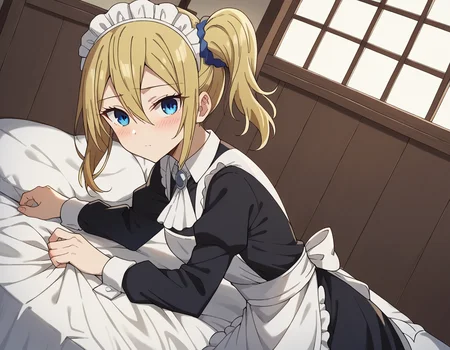 score_9, score_8_up, score_7_up, source_anime,
aihayasaka, <lora:ai-hayasaka-s3-ponyxl-lora-nochekaiser:1>,
ai hayasaka, bangs, blue eyes, blonde hair, hair ornament, hair between eyes, sidelocks, side ponytail, scrunchie, hair scrunchie, blue scrunchie,
shirt, long sleeves, dress, white shirt, collared shirt, apron, maid, maid headdress, ascot, waist apron,
indoors, bed, bed room, on side, blush, drunk,
looking at viewer, cowboy shot, dutch angle, solo,