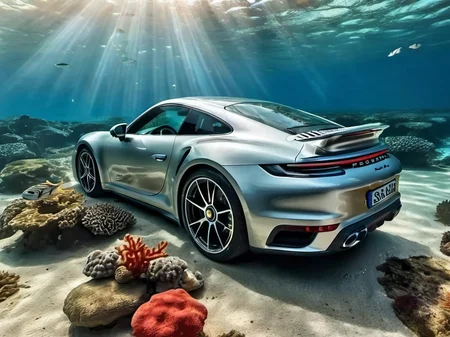 pch922ts car diving underwater, bubbles, coral reef background, colorful small fish swimming around, god-rays, big shark swimming on top, professional photography <lora:pch922ts_car_SDXL:0.7>