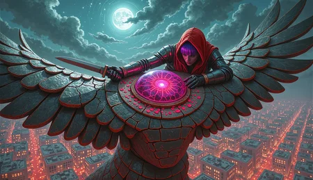 lora strength 0.7 - A dizzying, canted aerial view plunges past the towering bronze Horus statue whose outstretched wings slice through a cobalt night sky, the city lights far below tilting unsettlingly as though the world itself teeters on the brink. Across the broad, time-worn crown of the falcon god lies the futuristic cyborg warrior, sleek obsidian exoskeleton catching shards of pale moonlight while intricate veins of living gold pulse like embered circuits beneath cracked plating; with a glinting combat knife clenched in one gauntleted hand, they chip relentlessly at the colossal ruby eye, crimson shards scattering like molten sparks across feathered metal. Turbulent updrafts whip their torn vermilion hood and luminous violet hair into a frantic banner, casting elongated shadows that leap over the statue’s hieroglyphic carapace while distant thunderheads flash electric violet, staining the air with ozone and sand-laden grit. Every heartbeat reverberates through the statue’s hollow core and down the vertiginous shaft to the flickering torchlit excavation site beneath, heightening the peril as one misplaced twitch could send both thief and priceless gem spiraling into the abyss of shimmering city haze below.