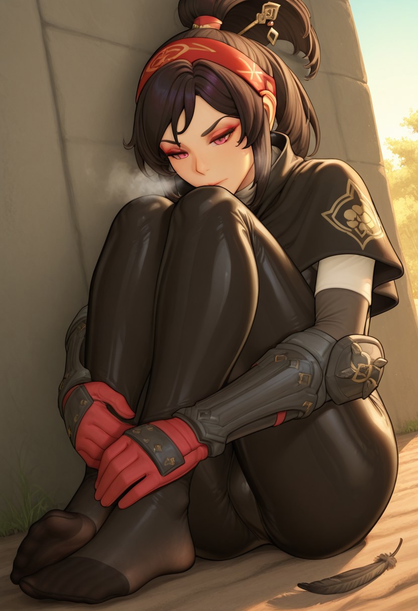 mystra77, outdoors, undershirt, falling feathers, black bodysuit, hair stick, hugging own legs, , gauntlets,   eyeshadow,   red gloves,  high ponytail,  , black capelet, red hairband, pink eyes, 1girl, solo, feet, visible breath,   dynamic angle, foreshortening, smell, steam,