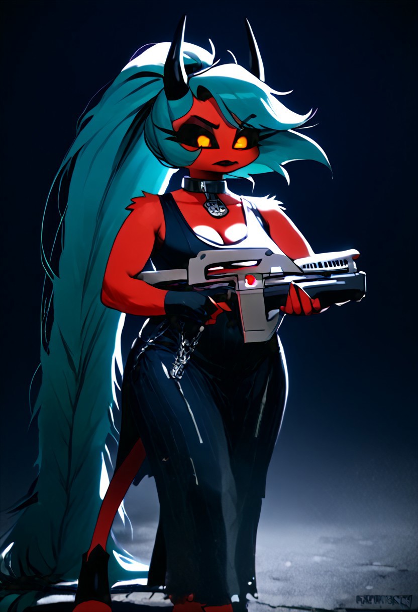 (score_9, score_8_up, score_7_up), PRSNL_3_1, HCSV1, illustration, ((cartoon)), hand drawn, ((masterpiece)), (furry art, uploaded on e621, 4k, fine details, (subtle soft details), (female), ((imp)), gloves, demon girl, (red skin mottled with white spots), imp tail, black pupils, black sclera, ((black ram horns)), short stature, 1girl, (((very long light teal hair tied into a ponytail:1.4))), dark teal highlights, ((purple slave collar)), black puffy lips, black eyeliner, ((detailed orange eyes)), ((dynamic pose)), plump, cute, beautiful, ((black sclera:1.4)), orange iris, Detailed hand, medium breasts, cleavage, curvy, pink fingerless gloves, large iris, hooves, fur on ankles around hooves, medium bulge, solo, (((holding a rifle with both hands, m41apls))), Helldivers, in a futuristic, armored suit. The armor is predominantly dark gray with pink accents at the shoulder plates, knee pads, and boot heels, It's a sleek design with segmented plates suggesting both flexibility and protection, (cyberpunk city outskirts, cable, standing, scales, road, outcasts, black background, walking, car, horizon, decay, dystopian, cinematic lighting, vivid colors, futuristic chestplate, loincloth, covered navel,