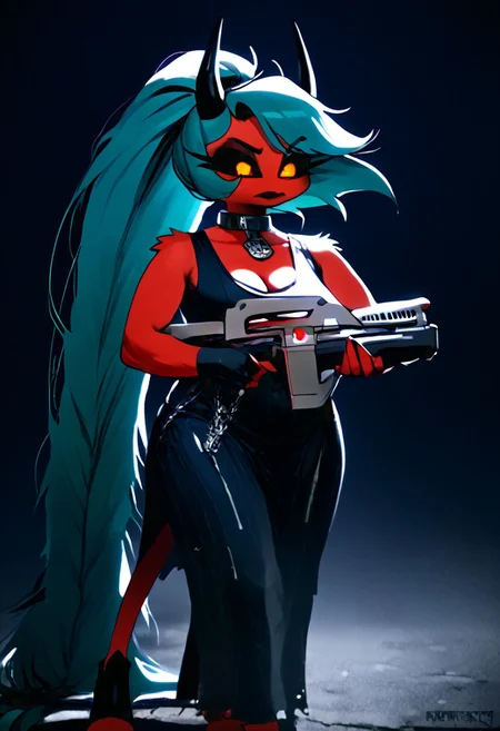 (score_9, score_8_up, score_7_up), PRSNL_3_1, HCSV1, illustration, ((cartoon)), hand drawn, ((masterpiece)), (furry art, uploaded on e621, 4k, fine details, (subtle soft details), (female), ((imp)), gloves, demon girl, (red skin mottled with white spots), imp tail, black pupils, black sclera, ((black ram horns)), short stature, 1girl, (((very long light teal hair tied into a ponytail:1.4))), dark teal highlights, ((purple slave collar)), black puffy lips, black eyeliner, ((detailed orange eyes)), ((dynamic pose)), plump, cute, beautiful, ((black sclera:1.4)), orange iris, Detailed hand, medium breasts, cleavage, curvy, pink fingerless gloves, large iris, hooves, fur on ankles around hooves, medium bulge, solo, (((holding a rifle with both hands, m41apls))), Helldivers, in a futuristic, armored suit. The armor is predominantly dark gray with pink accents at the shoulder plates, knee pads, and boot heels, It's a sleek design with segmented plates suggesting both flexibility and protection, (cyberpunk city outskirts, cable, standing, scales, road, outcasts, black background, walking, car, horizon, decay, dystopian, cinematic lighting, vivid colors, futuristic chestplate, loincloth, covered navel,