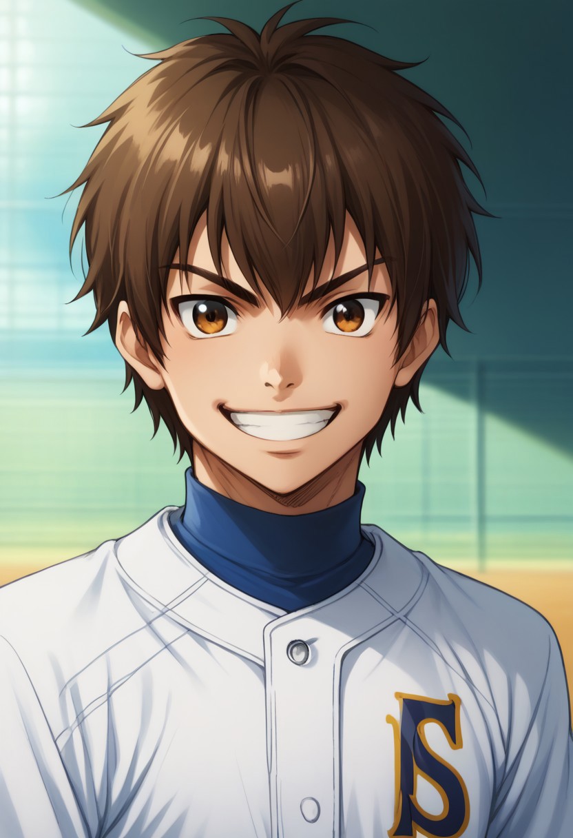score_9, score_8_up, score_7_up, source_anime, highly detailed, 
eijun, 1boy, solo, male focus, brown hair, baseball uniform, sportswear, brown eyes,  smile, upper body, grin,