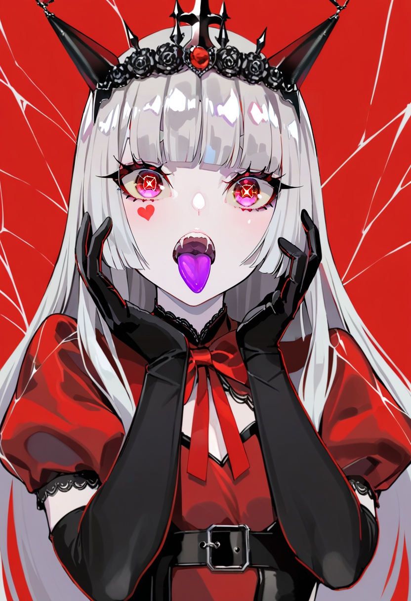 masterpiece, best quality, <lora:LAMXL_ANI31_lokr_V42310:0.95> 1girl, gloves, solo, tongue, long hair, purple tongue, black gloves, red background, symbol-shaped pupils, tongue out, elbow gloves, colored tongue, grey hair, puffy sleeves, open mouth, puffy short sleeves, blunt bangs, red eyes, looking at viewer, upper body, short sleeves, dress, facial mark, tiara, heart, horns, simple background, hands on own face, crown, red dress, pink eyes, hands up, spider web, silk, teeth, star-shaped pupils, red theme, virtual youtuber, heart-shaped pupils, fangs, red hair, bow