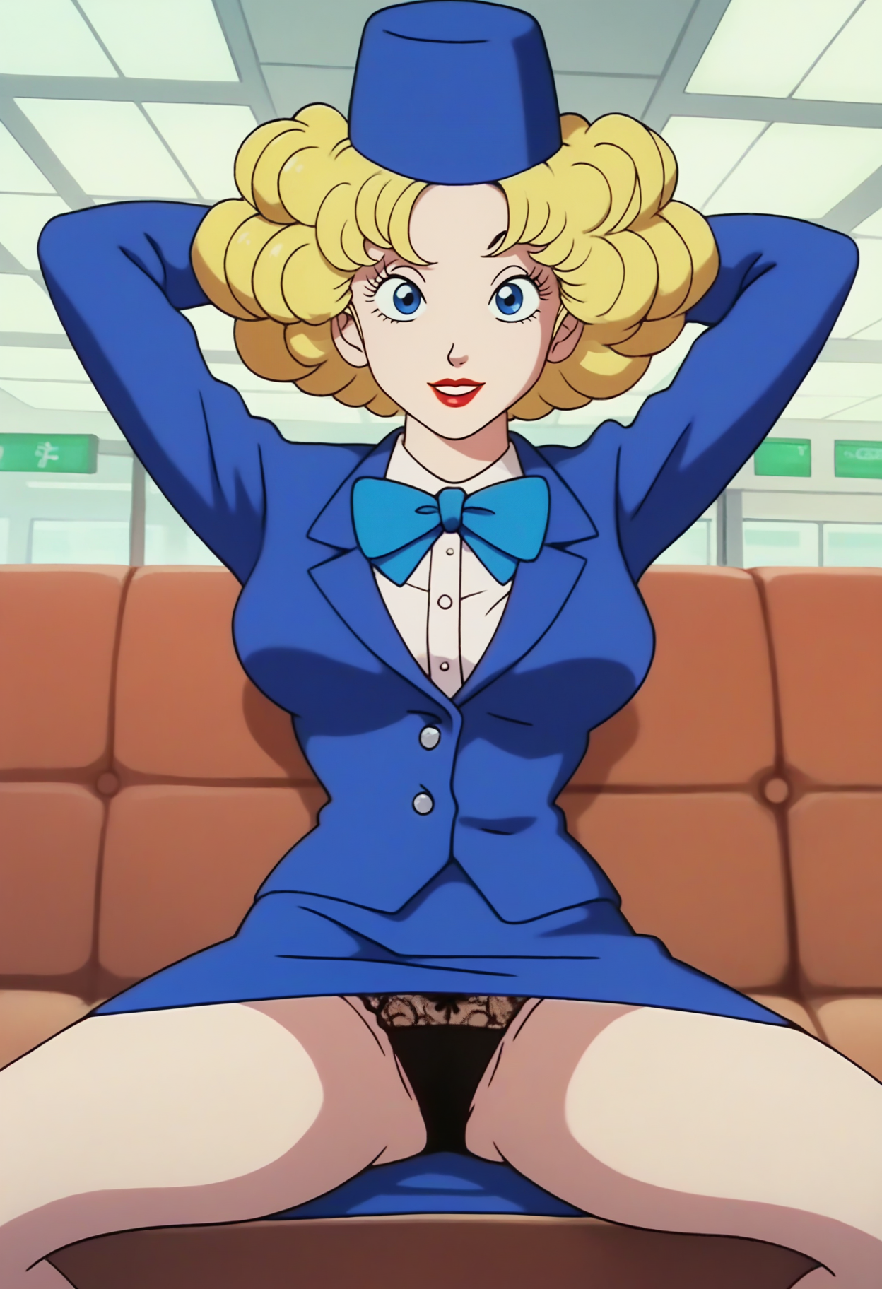 score_9, score_8_up, score_7_up, score_6_up, anime screencap, anime coloring, <lora:DBExtraGirl13:0.9>, DBExtraGirl13FFA, blonde hair, blue eyes, attendant hat, lipstick, curly hair, breasts,
blue jacket, white shirt, light blue bowtie, pencil skirt, blue skirt,
sitting, looking at viewer, smile, spread legs, black panties, lingerie, arms behind head, 
BREAK indoors, airport, couch,
