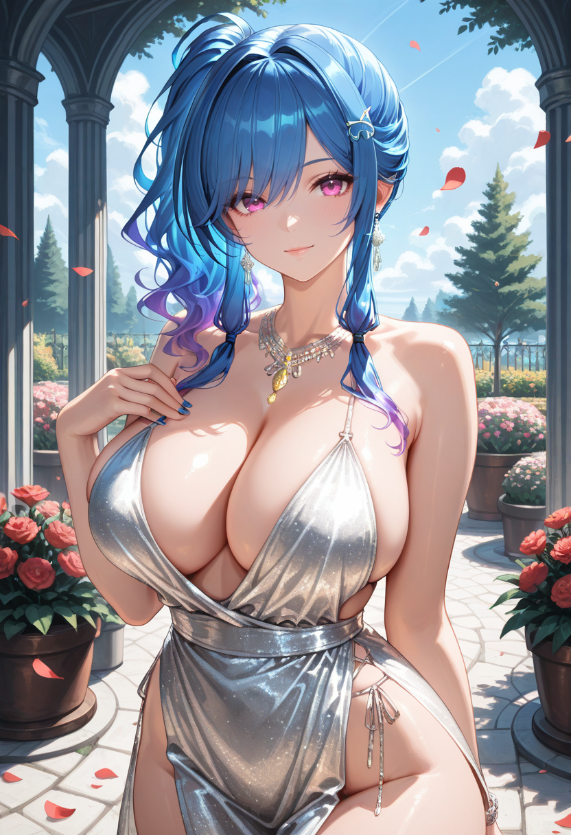 masterpiece, newest, absurdres, best quality, hires, 1girl, st louis \(azur lane\), looking at viewer, floating petals, outdoors, garden