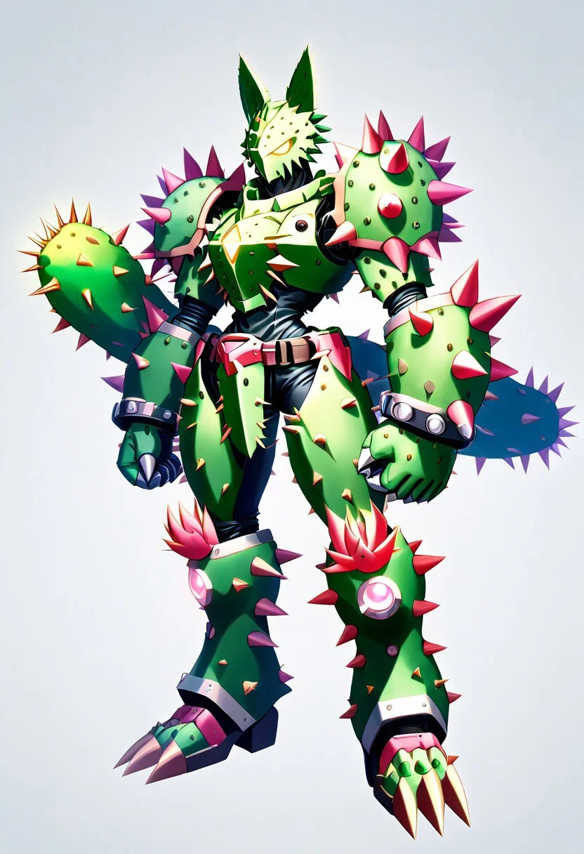 score_9, score_8_up, score_7_up, cs-l3ath3r, NCRender,
Hidegarurumon is a fierce, wolf-like Digimon covered in rugged, dark brown Prickly Cactus armor. Its fur is sparse and resembles a patchwork of aged, Prickly Cactus pieces that provide both flexibility and durability. The armor on its body is reinforced with Prickly Cactus straps and buckles, designed to offer both protection and mobility. Its glowing yellow eyes shine through a mask-like Prickly Cactus faceplate, and sharp Prickly Cactus claws extend from its paws, capable of tearing through most materials. A large, jagged Prickly Cactus tail swishes behind it, hardened to serve as both a weapon and a tool for balance in combat. NCRender