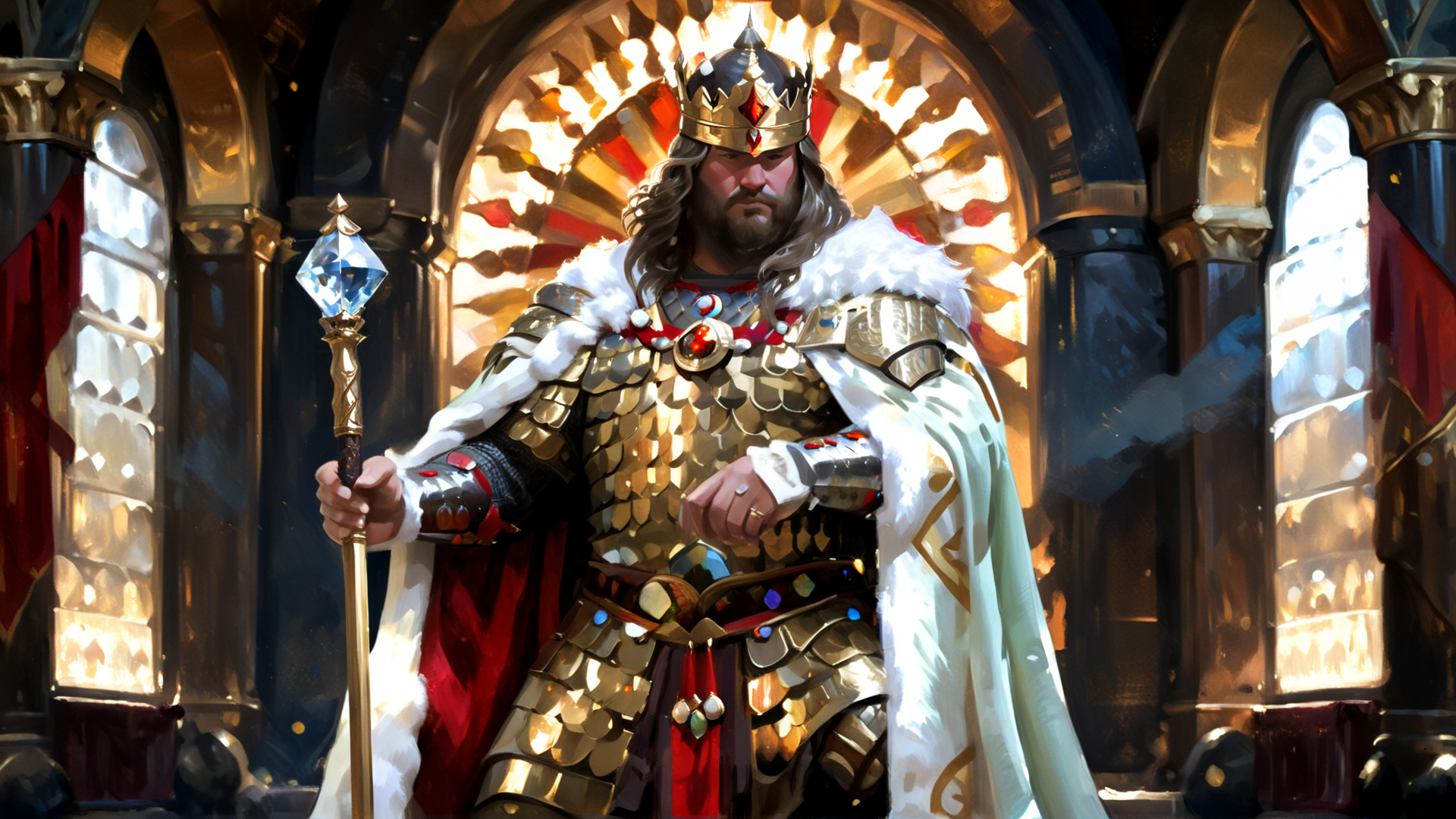 <lora:OilPaint SDXL (style by nty):0.9> ((style by nty)) <lora:Scale_Armor-000008:0.9> ((((1boy, perfect bulky epic majestic hulking huge muscular tall male king, wearing crystal fully body scale armor sitting in his throne room, lit from above, light rays, armor shimmering with magic, wearing a massive crystal crown, piercing golden eyes, scales, SCLARMR, huge body, sitting on his massive crystal throne, imposing, holding a massive scepter, wearing a majestic fur cape, fantasy art, lamellar armor, full body, masterpiece, masterful oil grunge painting, best quality, very aesthetic, absurdres art, beaming with power and intense vigor)))), action pose, looking at viewer, tilted, bokeh, depth of field, selfie, daytime, exotic, looking into the camera, fujifilm, bokeh, f/8.0, full body, bokeh, ((((backlit, cozy dim light, Low saturation color, vintage, grunge, top light, masterful painting in the style of Anders Zorn | Marco Mazzoni | Yuri Ivanovich, Todd McFarlane, Aleksi Briclot, oil on canvas)))) <lora:more_details:0.8>  <lora:detailed_notrigger:0.3> <lora:edgEasternFantasyCouture:0.8> <lora:Medieval knights:0.5> <lora:DETAIL_SLIDER_BY_STABLE_YOGI:0.5>  <lora:xl_more_art-full-beta2:0.8>