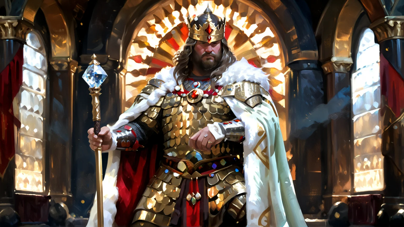 <lora:OilPaint SDXL (style by nty):0.9> ((style by nty)) <lora:Scale_Armor-000008:0.9> ((((1boy, perfect bulky epic majestic hulking huge muscular tall male king, wearing crystal fully body scale armor sitting in his throne room, lit from above, light rays, armor shimmering with magic, wearing a massive crystal crown, piercing golden eyes, scales, SCLARMR, huge body, sitting on his massive crystal throne, imposing, holding a massive scepter, wearing a majestic fur cape, fantasy art, lamellar armor, full body, masterpiece, masterful oil grunge painting, best quality, very aesthetic, absurdres art, beaming with power and intense vigor)))), action pose, looking at viewer, tilted, bokeh, depth of field, selfie, daytime, exotic, looking into the camera, fujifilm, bokeh, f/8.0, full body, bokeh, ((((backlit, cozy dim light, Low saturation color, vintage, grunge, top light, masterful painting in the style of Anders Zorn | Marco Mazzoni | Yuri Ivanovich, Todd McFarlane, Aleksi Briclot, oil on canvas)))) <lora:more_details:0.8> <lora:detailed_notrigger:0.3> <lora:edgEasternFantasyCouture:0.8> <lora:Medieval knights:0.5> <lora:DETAIL_SLIDER_BY_STABLE_YOGI:0.5> <lora:xl_more_art-full-beta2:0.8>