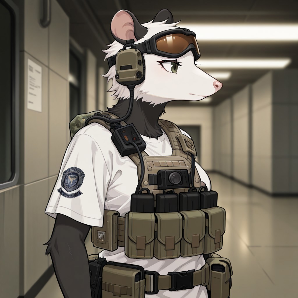 score_9, score_8_up, score_7_up, score_6_up, score_5_up, score_4_up, 2d, flat_colors, upper_body, portrait, female, furry, (Possum:1), goggles on head, (((white t-shirt, baggy t-shirt))), ((tactical gear:1.5)) ((tactical:1.5)) (tactical armor:1) ((tactical chest rig)), (((tactical utility belt))), cinematic, brown_eyes, solo, detailed_fur, body_fur, ((indoors, military base)), B2B style, Bad2Bad style, masterpiece, best quality, amazing quality, very aesthetic, high resolution, ultra-detailed, absurdres, newest, scenery, standing, depth of field details, volumetric lighting, black fur, white fur, profile