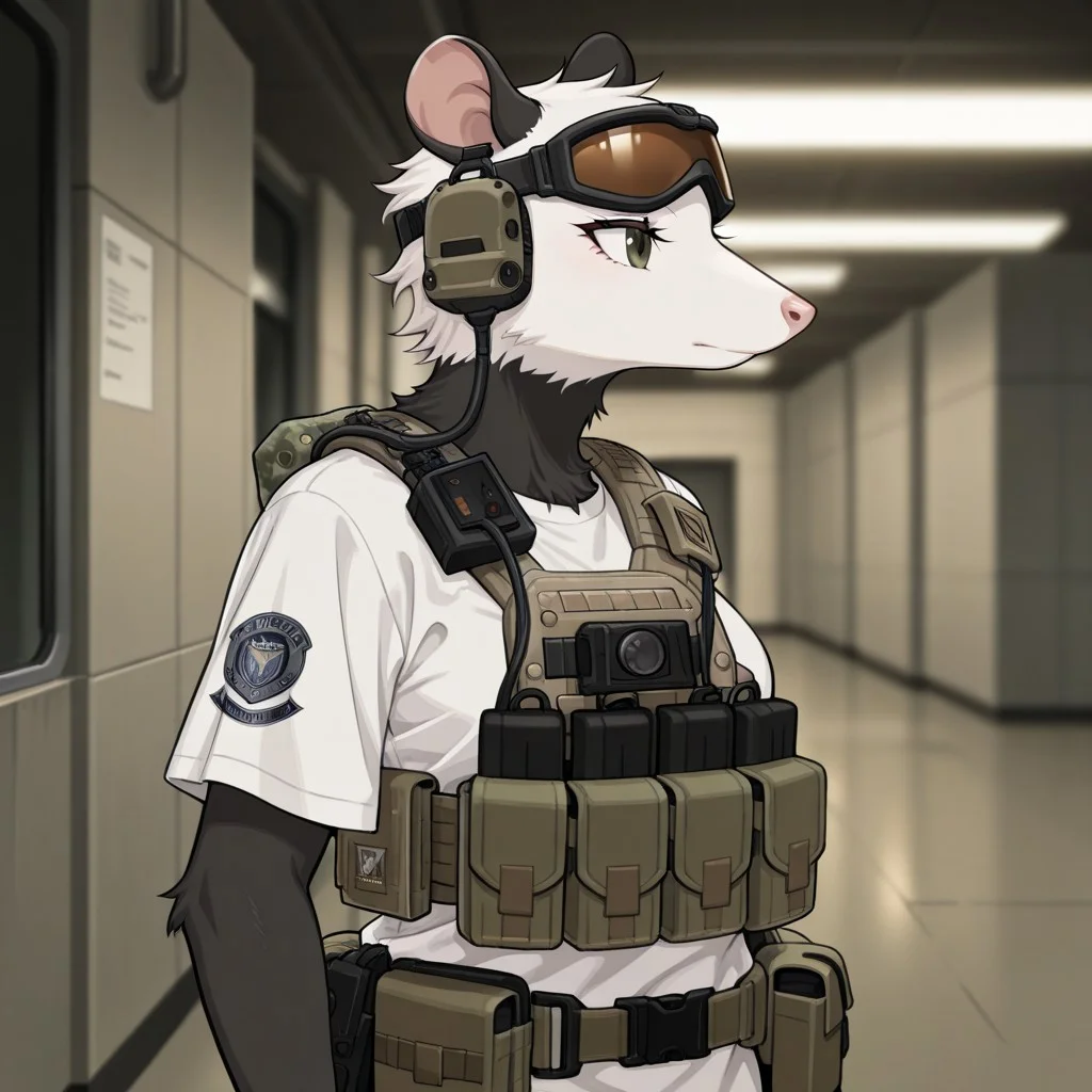 score_9, score_8_up, score_7_up, score_6_up, score_5_up, score_4_up, 2d, flat_colors, upper_body, portrait, female, furry, (Possum:1), goggles on head, (((white t-shirt, baggy t-shirt))), ((tactical gear:1.5)) ((tactical:1.5)) (tactical armor:1) ((tactical chest rig)), (((tactical utility belt))), cinematic, brown_eyes, solo, detailed_fur, body_fur, ((indoors, military base)), B2B style, Bad2Bad style, masterpiece, best quality, amazing quality, very aesthetic, high resolution, ultra-detailed, absurdres, newest, scenery, standing, depth of field details, volumetric lighting, black fur, white fur, profile
