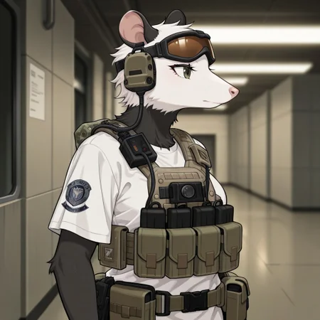 score_9, score_8_up, score_7_up, score_6_up, score_5_up, score_4_up, 2d, flat_colors, upper_body, portrait, female, furry, (Possum:1), goggles on head, (((white t-shirt, baggy t-shirt))), ((tactical gear:1.5)) ((tactical:1.5)) (tactical armor:1) ((tactical chest rig)), (((tactical utility belt))), cinematic, brown_eyes, solo, detailed_fur, body_fur, ((indoors, military base)), B2B style, Bad2Bad style, masterpiece, best quality, amazing quality, very aesthetic, high resolution, ultra-detailed, absurdres, newest, scenery, standing, depth of field details, volumetric lighting, black fur, white fur, profile