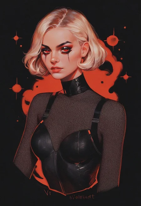 score_9, score_8_up, score_7_up, score_6_up, VitWaterStyle, 1girl, red eyes, black background, 1girl, dark, black bodysuit, suggestive pose, dynamic pose, moonlight, perfect female waist, halftone lighting, makeup, eyeliner, eyeshadow, mascara, detailed drawing