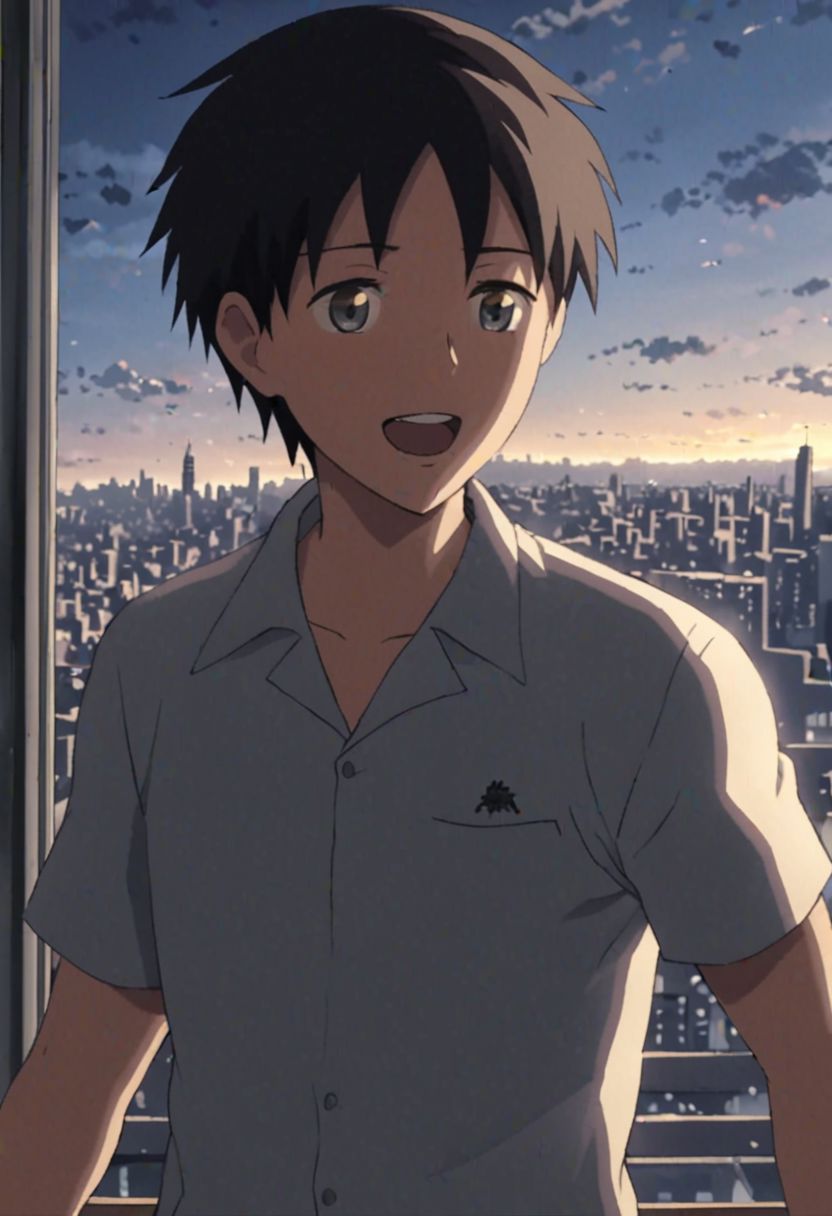Highres, Masterpiece, High Quality, 4K, 8K, solo, 1Boy, Takaki Toono, adult, black hair, short hair, high-rise rooftops, city view, wide sky, strong wind, portrait, enthusiastic, excited, standing, dramatic, window, balcony, building, easynegative, detailed_eye_model
