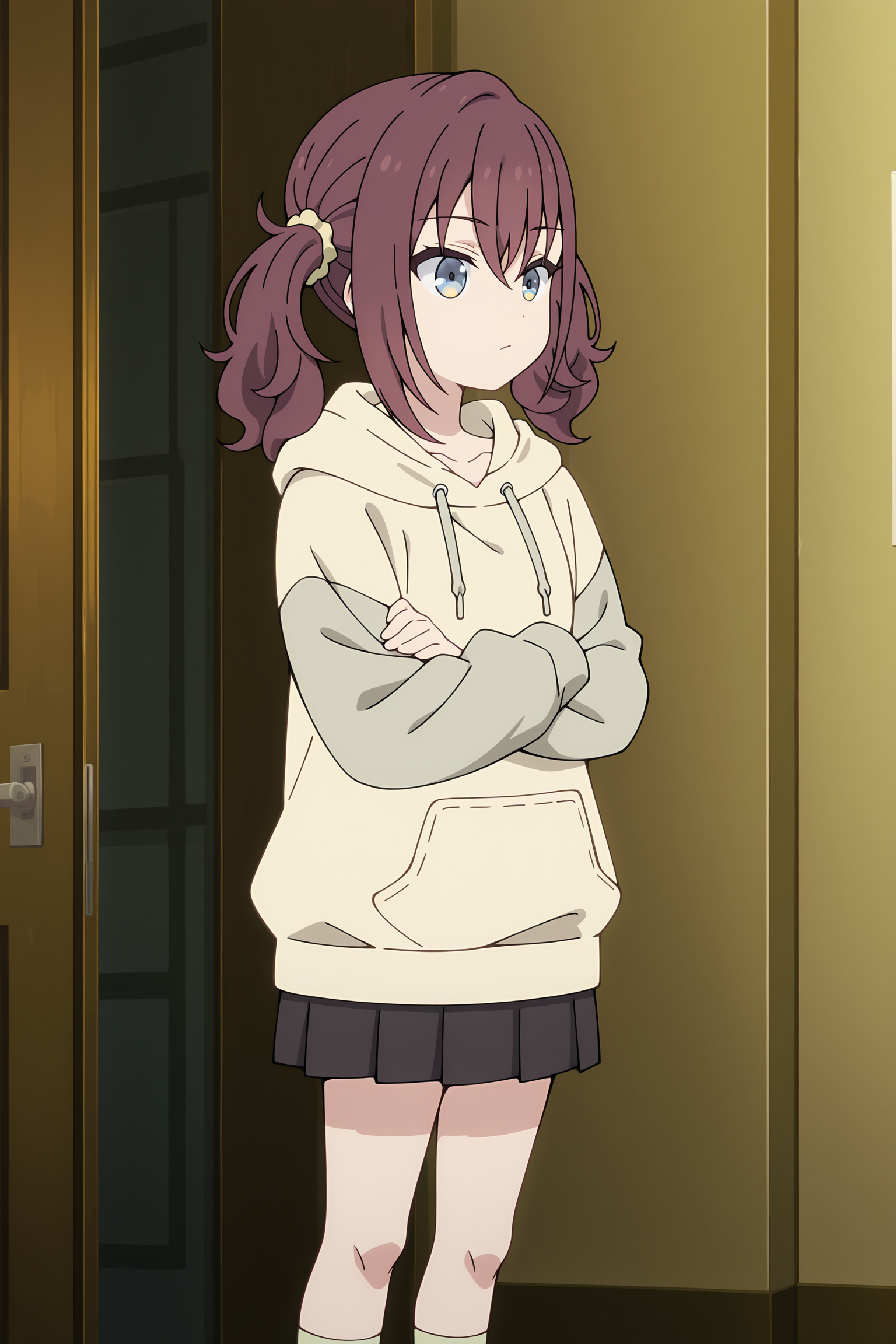 volumetric lighting, official style, amazing quality, ultra detailed, highres, detailed background, anime screenshot, anime screencap, anime coloring, masterpiece, detailed face,1girl <lora:Kurea_Furutachi__-20:0.8> Kurea_Furutachi, Kurea_Furutachi(Outfit 1), twintails, skirt, hood, hoodie, blue eyes, black skirt, long sleeves, socks, pleated skirt, crossed arms, solo, brown hair, indoors, standing, closed mouth, hood down