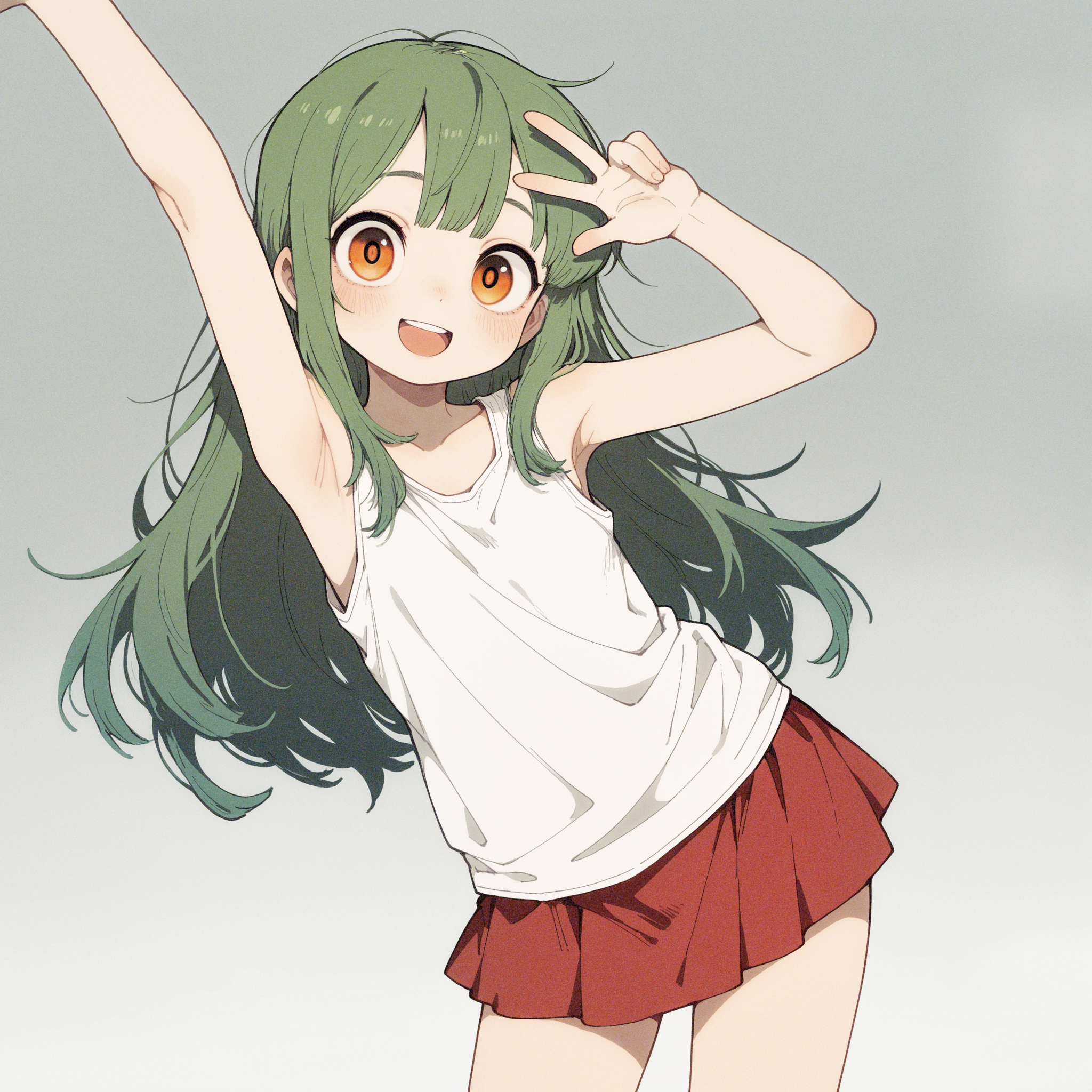 masterpiece,best quality,amazing quality, 1girl, solo, long hair, :d, green hair, orange eyes, red skirt, sleeveless, miniskirt, armpits, arms up, sleeveless shirt, white tank top, looking at viewer, blush, smile, open mouth, w, (leaning to the side:1.2),
Gray gradient background,
cowboy shot, vfaix, <lora:illustriousXL_stabilizer_v1.23:0.3> <lora:NOOB_vp1_detailer_by_volnovik_v1:0.3> <lora:ponyv6_noobE11_2_adamW-000017:0.3> <lora:HB_091:0.5> <lora:veluflora-wai:0.75>