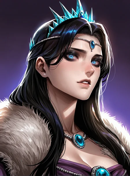 by j.k:0.6, by hoshi san 3:0.1,artist:Sakimichan:0.5, 1girl, solo,katarin_kislev, black eyeshadow, blue eyes, purple dress, necklace, circlet, diadema, fur cape,portrait, looking at viewer, long hair,gradient dark background,blue and purple background, (masterpiece),depth of field, (best quality), (ultra-detailed), amazing quality, very aesthetic, illustration, dynamic compostion perfect composition, absolutely eye cathing, intricate details, absurdres, incredibly absurdres, <lora:Katarin_Warhammer_IL_v1:0.8>