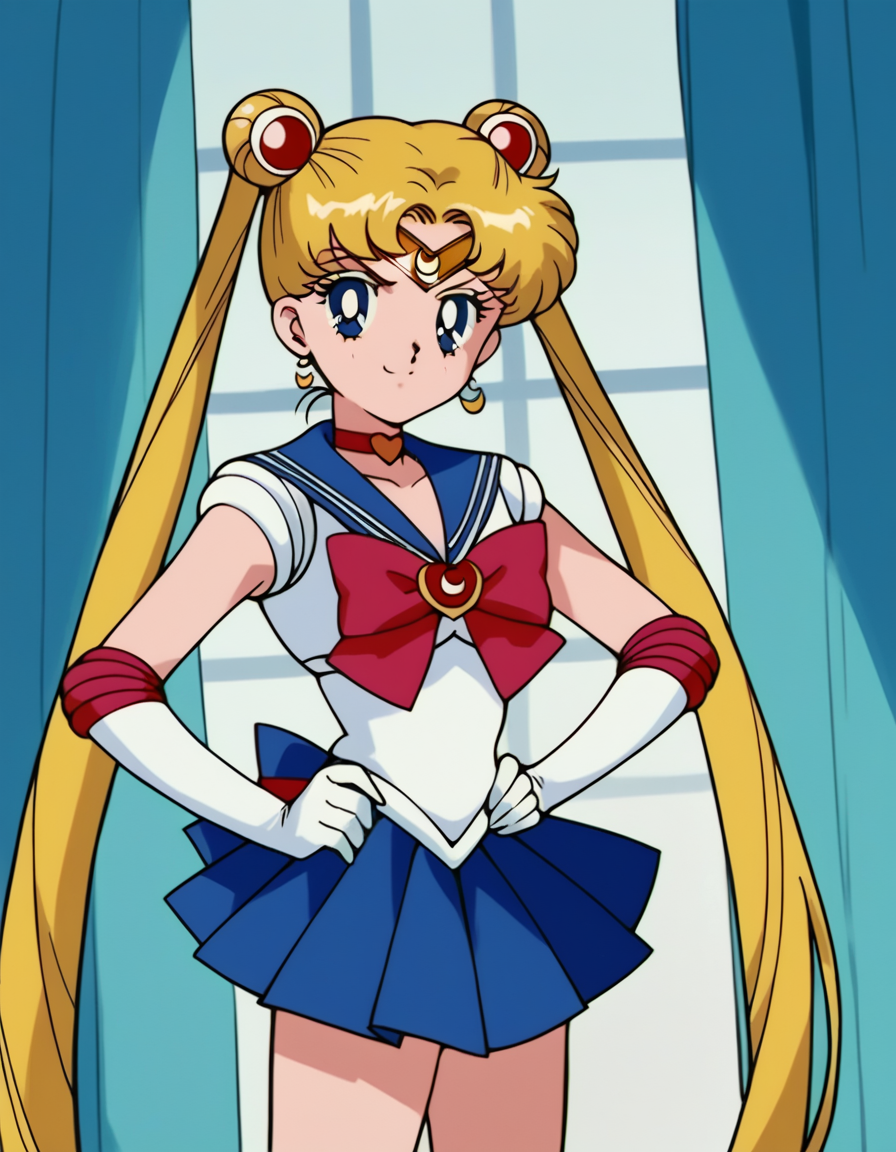 score_9, score_8_up, score_7_up, source_anime, <lora:usagi-tsukino-s3-ponyxl-lora-nochekaiser:1>, usagi tsukino, blonde hair, blue eyes, double bun, hair bun, hair ornament, long hair, twintails, circlet, parted bangs,, back bow, blue sailor collar, blue skirt, bow, brooch, choker, crescent moon, elbow gloves, gloves, jewelry, magical girl, pleated skirt, red bow, red choker, ribbon, sailor collar, sailor senshi uniform, skirt, white gloves,, indoors, smug, smile, looking at viewer, solo, hands on hips,, cowboy shot, dutch angle