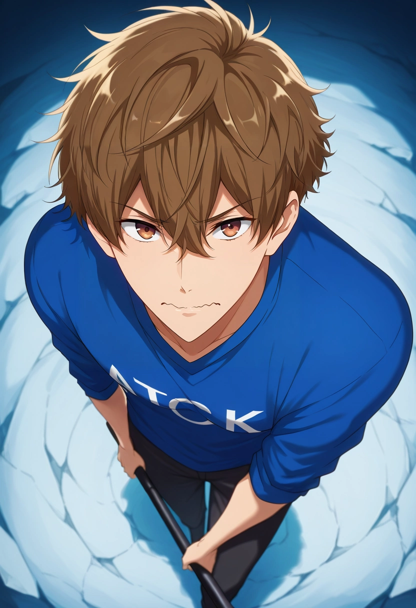 masterpiece, best quality, , semi-realistic, looking at viewer, 1boy, solo, male focus, <lora:natsuya_kirishima_ilxl:0.94>, natsuya_kirishima, brown hair, brown eyes, short hair, hair between eyes, bangs, from above, ayers rock, midnight, holding weapon, wavy mouth,