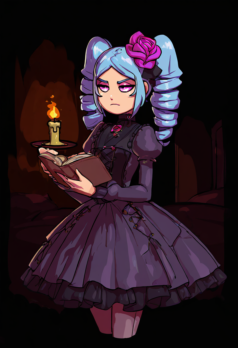 (masterpiece, best quality, good quality, very aesthetic, absurdres, newest:1.2),    <lora:BreedingSeason_NAI:1.0>,   1girl, solo, hair ornament, red eyes, long sleeves,  dress, holding, twintails, closed mouth, blue hair, purple hair, flower, pantyhose, puffy sleeves, hair flower, pink eyes, book, rose, frown, drill hair, fire, twin drills, purple dress, cropped legs, holding book, fashion, skull, oekaki, gothic, candle, jaggy lines, flame, (dark room, gothic metalworks:1.3),