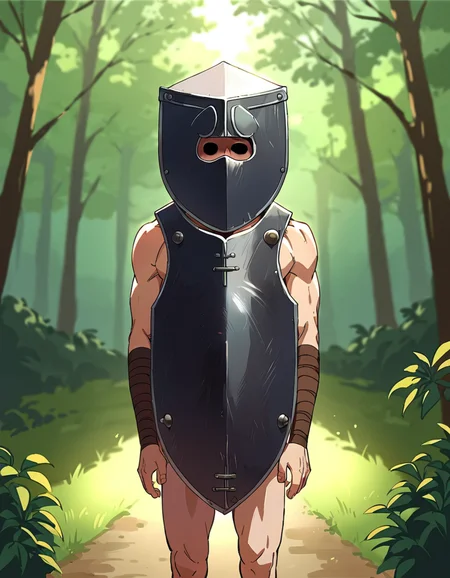 score_9,score_8_up,score_7_up,score_6_up,source_anime BREAK 1boy,standing,covered face,<lora:BrewsterPony2-000080:0.95>, brewstershield,looking at viewer,straight on,arms at sides,in forest