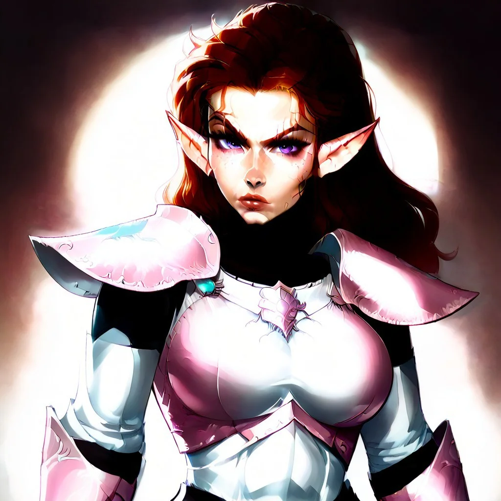 A highly detail character portrait, of a young woman, with long two tone hair, dark green and yellow hair, long pointed ears, huge heavy breasts, glowing purple eyes, wearing pink armor, scar face, facial scars, deep scars, strong, beautiful face, Japanese face, freckles, fit, looking at viewer, dynamic pose