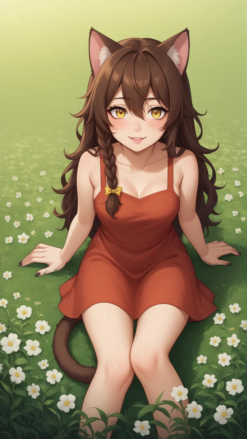 score_9, score_8_up, score_7_up, BREAK source_anime, best quality, masterpiece, ultra detailed,
<lora:Everlasting_Summer_Yulya_by_GraffMetal:0.7>, yulya, brown hair, yellow eyes, cat pupils, long hair, braid, side braid, hair between eyes, single braid, bow, animal ears, cat ears, tail, cat tail, cat girl, 1girl, solo
light smile, blush,
black eyeliner cat eye, pink lips, black nails,
red dress, cute,
amazing background, looking at the viewer, flowers field, nature background , close, bokeh,