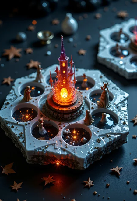 This photograph showcases a meticulously crafted, hexagonal glass sculpture set on a dark, textured surface, the glass structured to resemble a honeycomb pattern within its walls. In the center of each hexagon, enchanted creatures—such as tiny fairies, shadowy imps, and mystical owls—are frozen in poses as if paused mid-movement. One hexagon at the center holds a tiny castle encased in mist, with a fiery orange gem at its pinnacle. This gem glows like a captured ember, illuminating the miniature beings and casting long, shifting shadows throughout the honeycomb’s intricate glasswork.