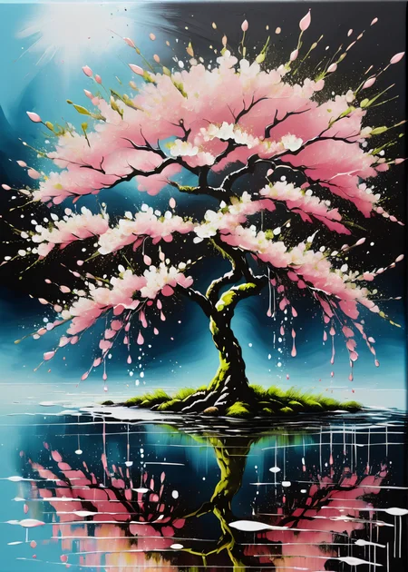 single cherry blossom reflecting in water, <lora:MS_AcrylicArt_V1_SDXL:1> acrylic_painting, painting, brush strokes, paint drops, paint splatter