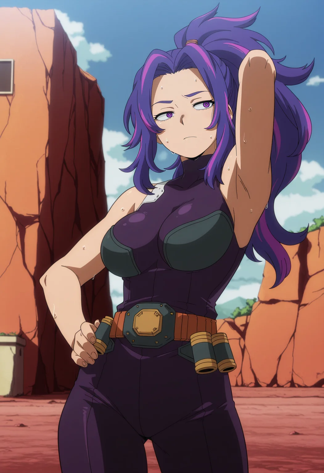 1girl,solo,mm,mature female,purple hair,multicolored hair,long hair,ponytail,purple eyes,anime coloring,
bodysuit,bare shoulders, belt,hand on own hip, outdoors,arm up, armpit,day, cowboy shot, sweat,hot
,masterpiece,best quality,amazing quality,<lora:Lady_Nagant-My_Hero_Academia:0.8>