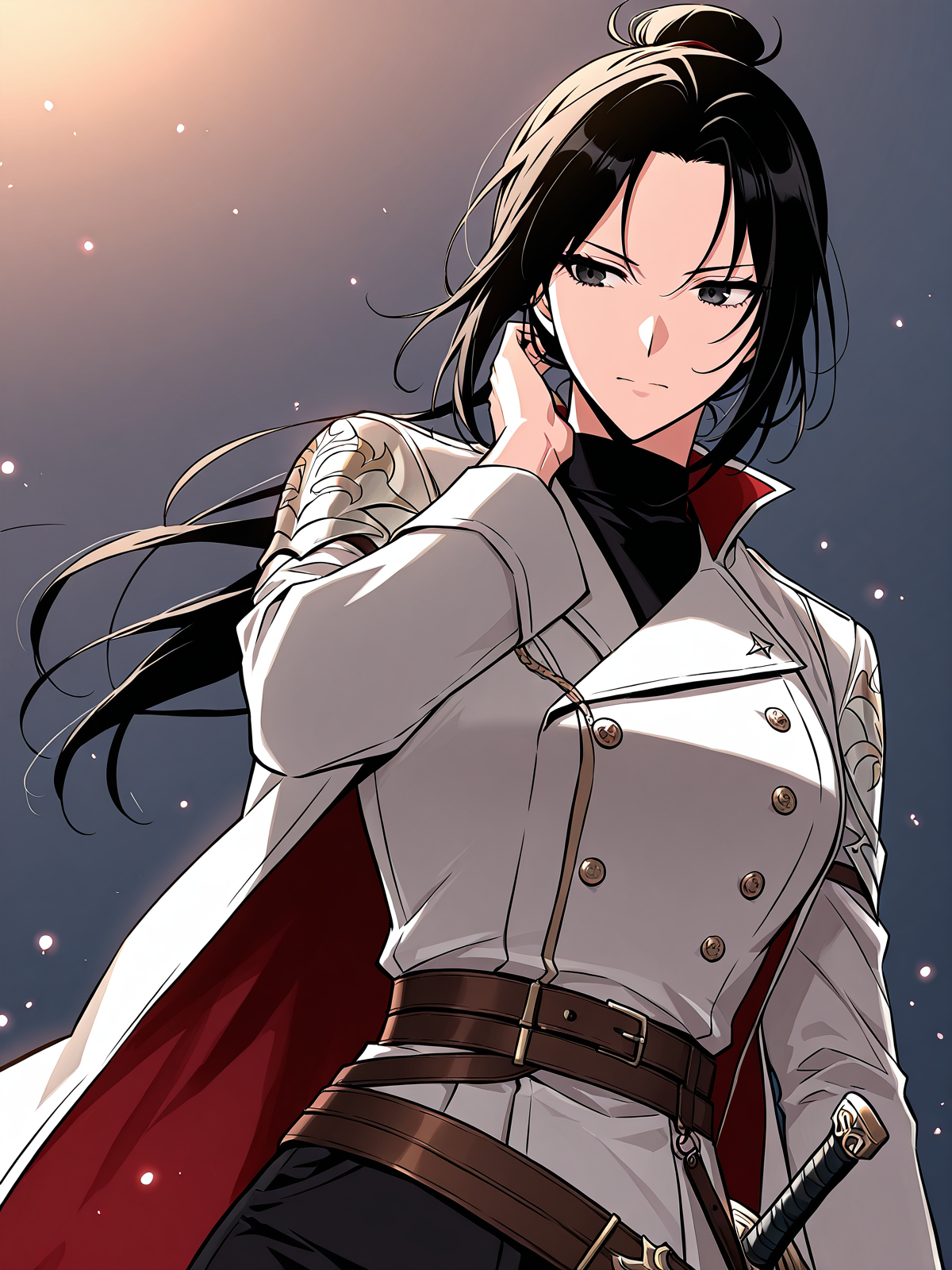 <lora:Omniscient_Readers_Viewpoint__Jung_Heewon:1>
1 girl, solo, black hair, long hair, black eyes, tied hair, 
white coat, red inner lining, black shirt, black pants, brown belt, sword sheath, 
score_9, score_8_up, score_7_up, score_6_up, source_anime, rating_explicit, masterpiece, best quality, intricate details, gothic fantasy, upper body portrait, dramatic pose, confident gaze, cinematic lighting, clean background, glowing magical particles, detailed face, vibrant colors